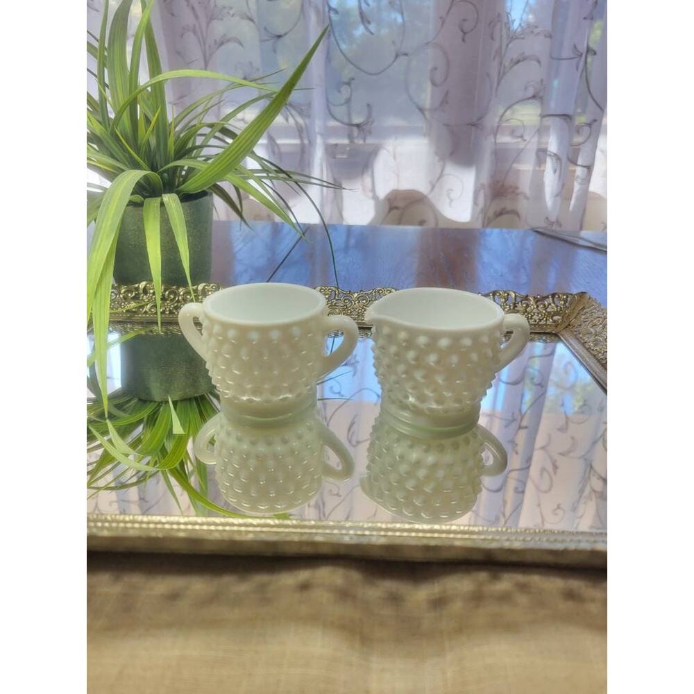 Vintage Fenton Hobnail Creamer & Sugar Bowl, Milk Glass Individual Size